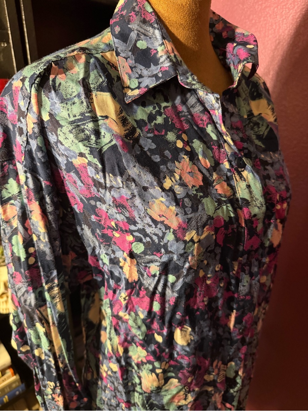 Vintage 90s Paris Blues Floral Top - Teal, Purple, Black- gorgeous and silky